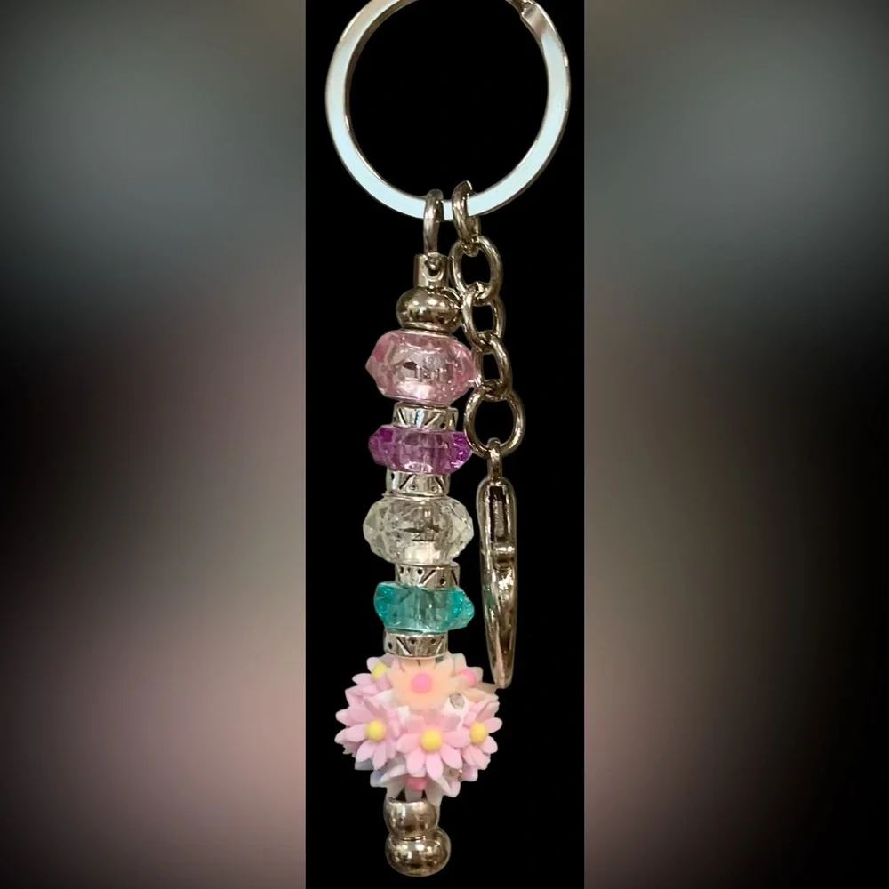 Colorful Pink Floral Beaded Keychain, Bag, or Keychain